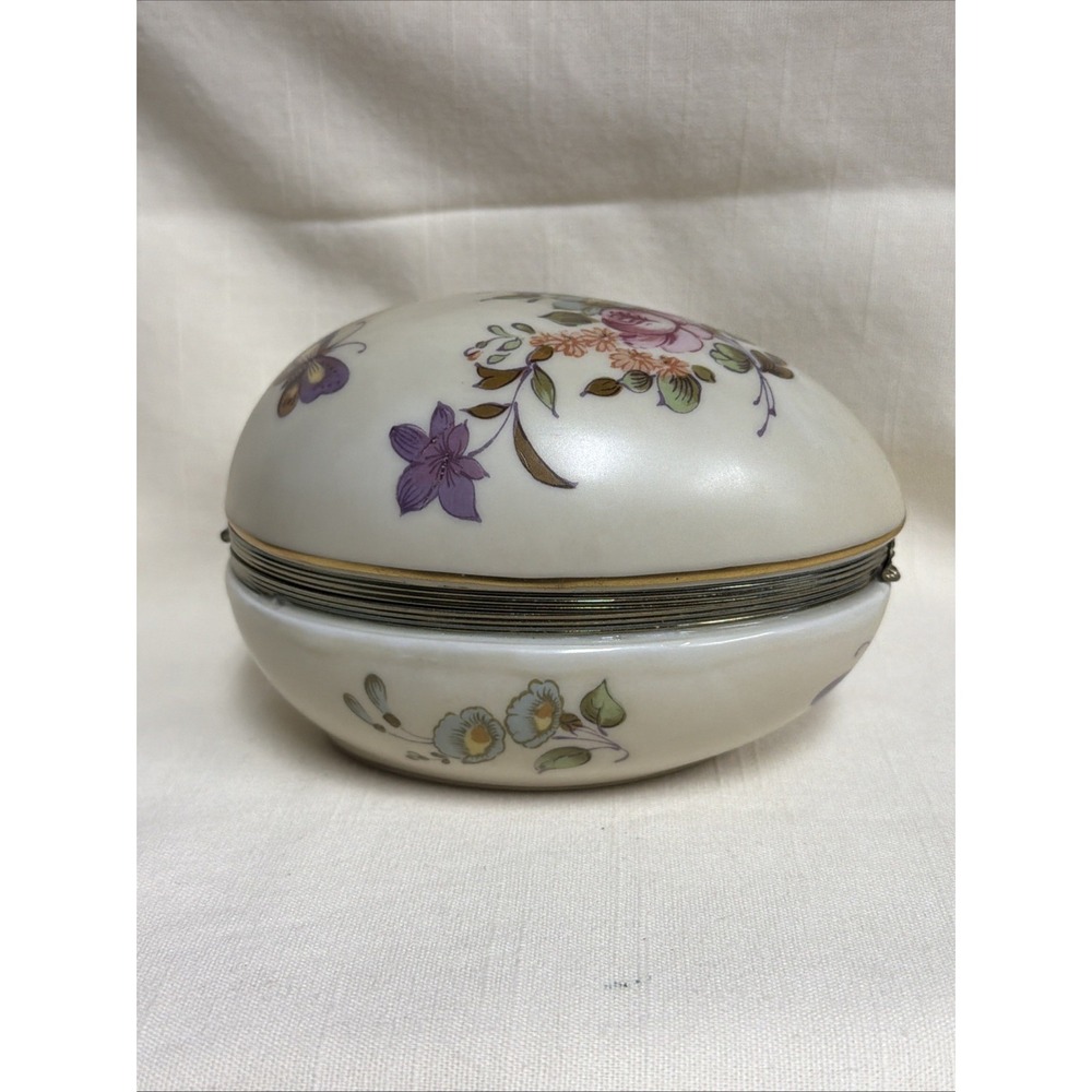 Vintage Lefton Japan Porcelain Egg-Shaped Trinket Box With Floral & Butterfly De